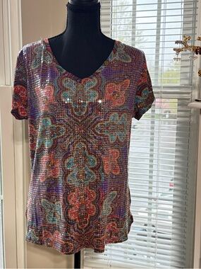 Sequined Paisley V-Neck Women's Boho Short Sleeve